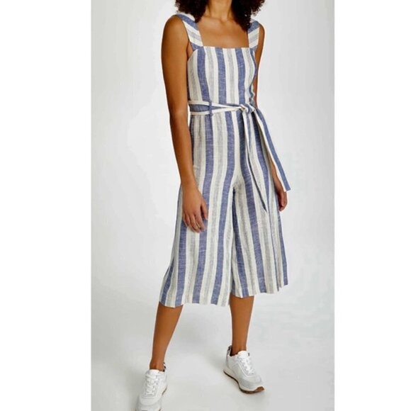 ALICE + OLIVIA Marty Belted Striped Linen-Blend Jumpsuit - Picture 1 of 15